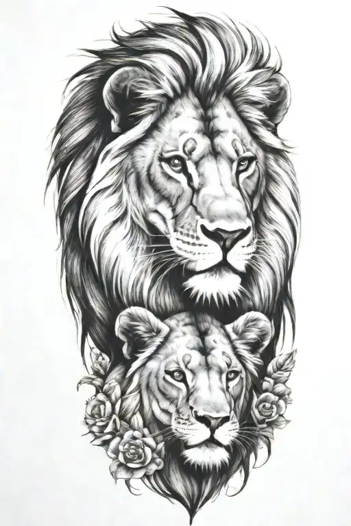 Lion With A Cub Laying On Top Of His Head