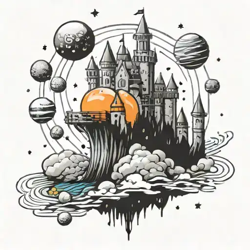 A Majestic Castle Floating In Space Surrounded By Planets And Stars