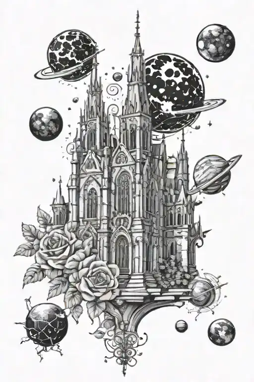 Gothic Cathedral Surrounded By Planets And Flowers