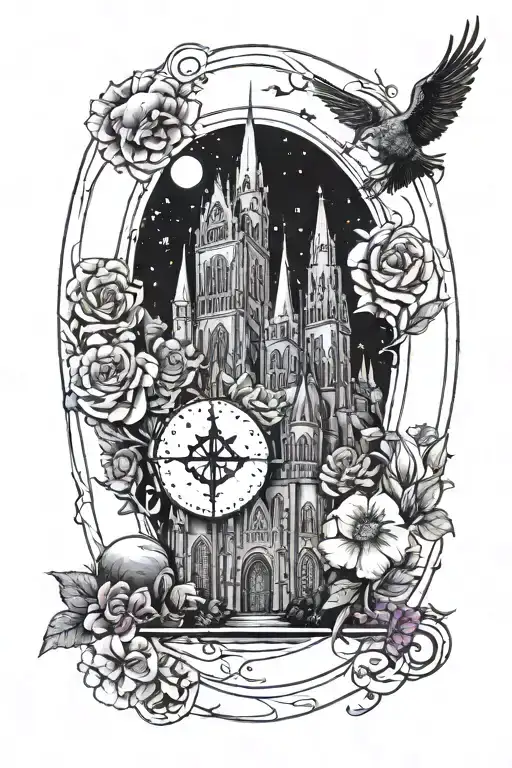 Harry Potter Themed Gothic Cathedral Surrounded By Planets And Flowers