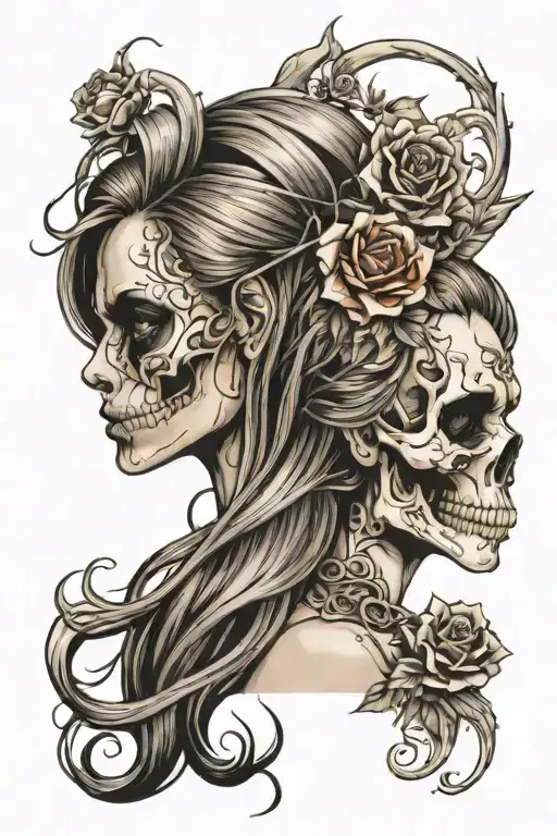 Skull And Lady Head With Long Hair