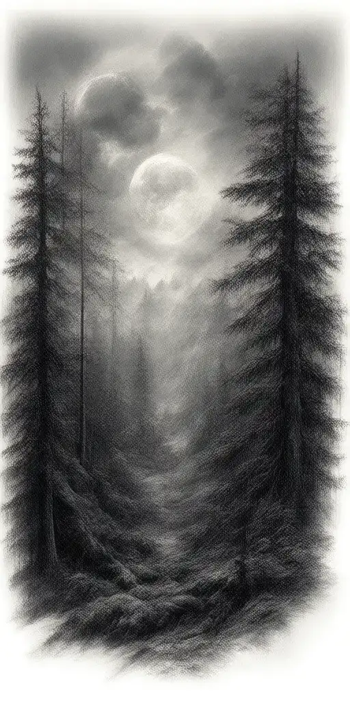 Massive Forest Landscape With Huge Moon In The Background