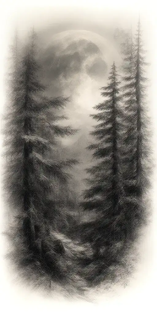 Massive Forest Landscape With Huge Moon In The Background