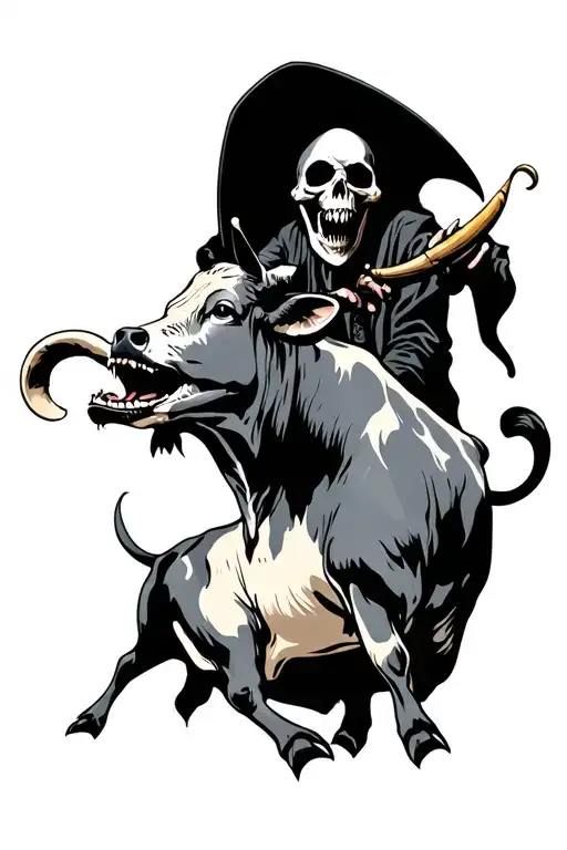 Grim Reaper Biting A Horn Of A Cow Being Abducted