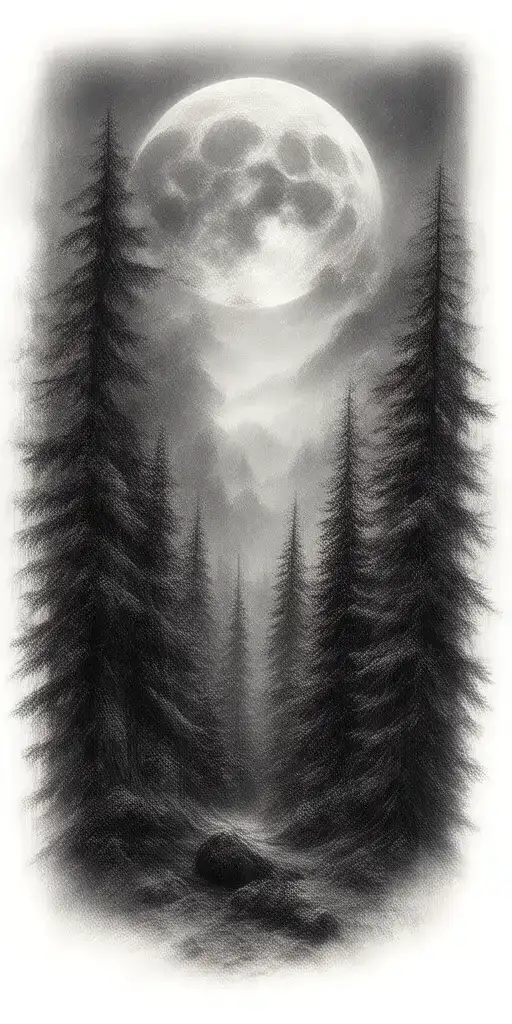 Massive Forest Landscape With Huge Moon In The Background