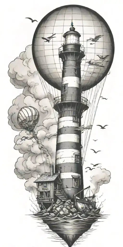 Light House Hot Air Balloon And Shipwreck Scene