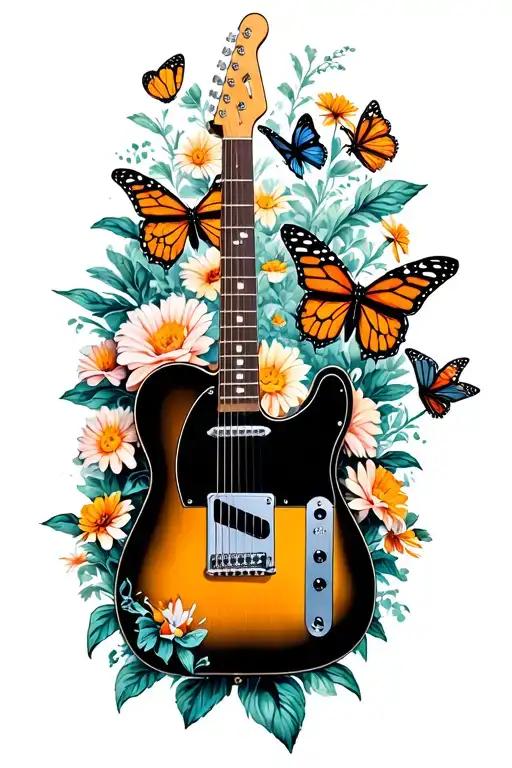 A Fender Telecaster Guitar Surrounded By Monarch Butterflies And Flowers