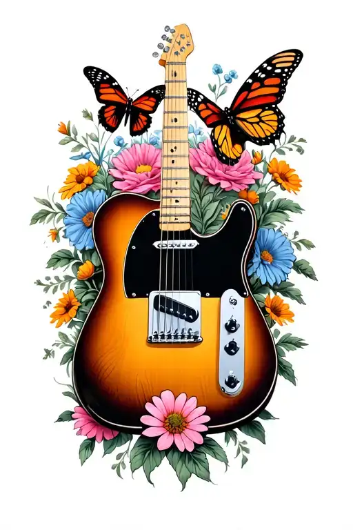 A Fender Telecaster Guitar Surrounded By Monarch Butterflies And Flowers