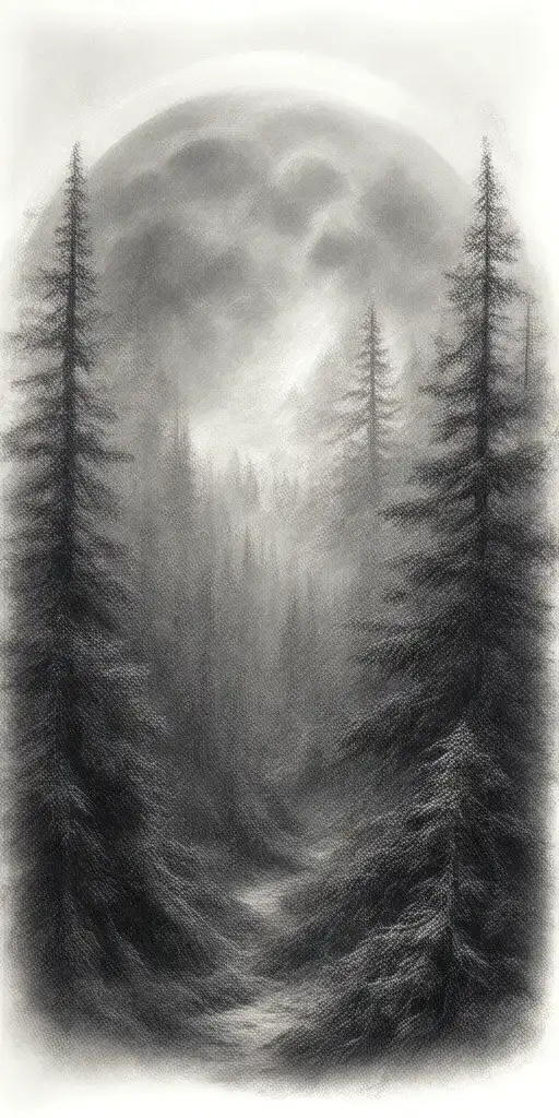 Massive Forest Landscape With Huge Moon In The Background