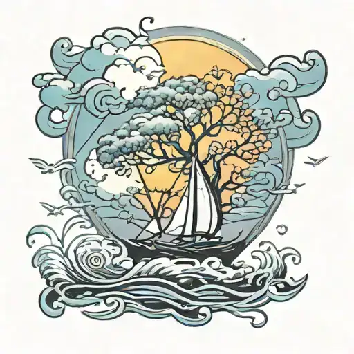 Tree Of Life With A Sailboat In The Storm