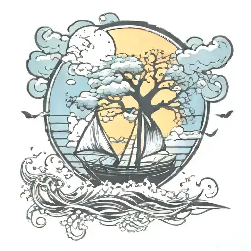 Tree Of Life With A Sailboat In The Storm