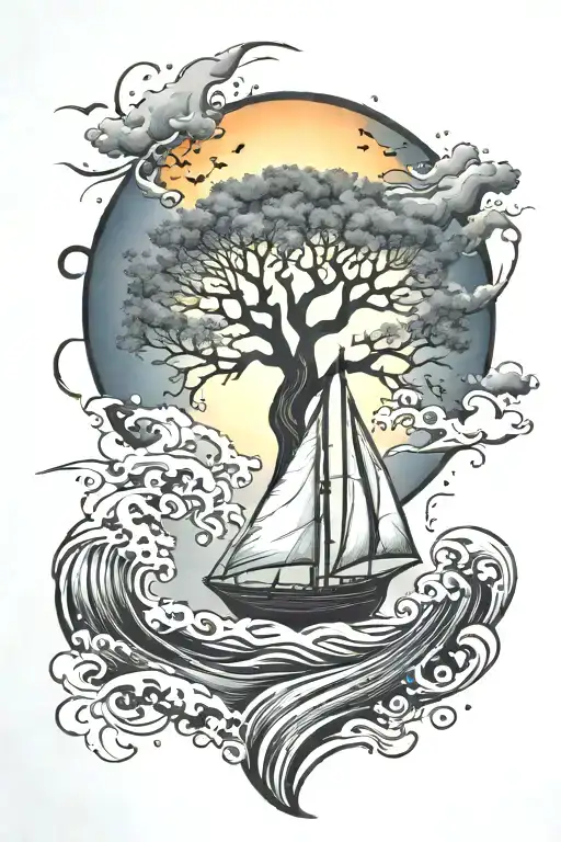 Tree Of Life With A Sailboat In The Storm And A Wave