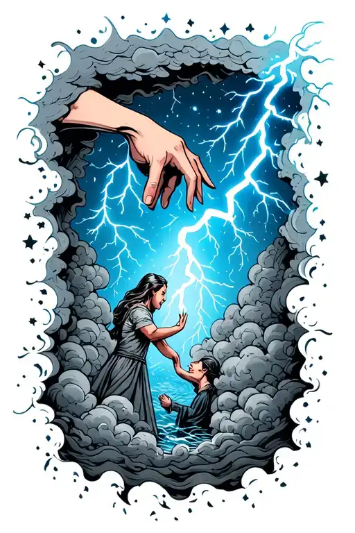 A Hand Helping Someone Out Of A Hole Surrouned By Clouds Lightning And Stars