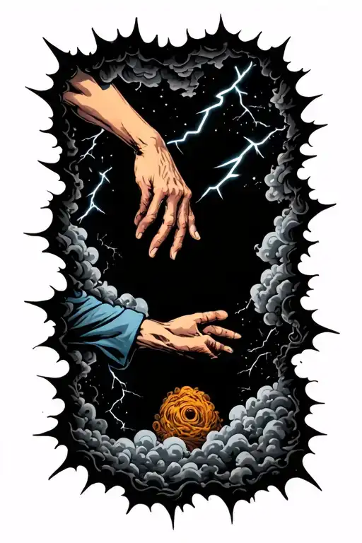 A Hand Grabbing Someone Out Of A Hole Surrouned By Clouds Lightning And Stars