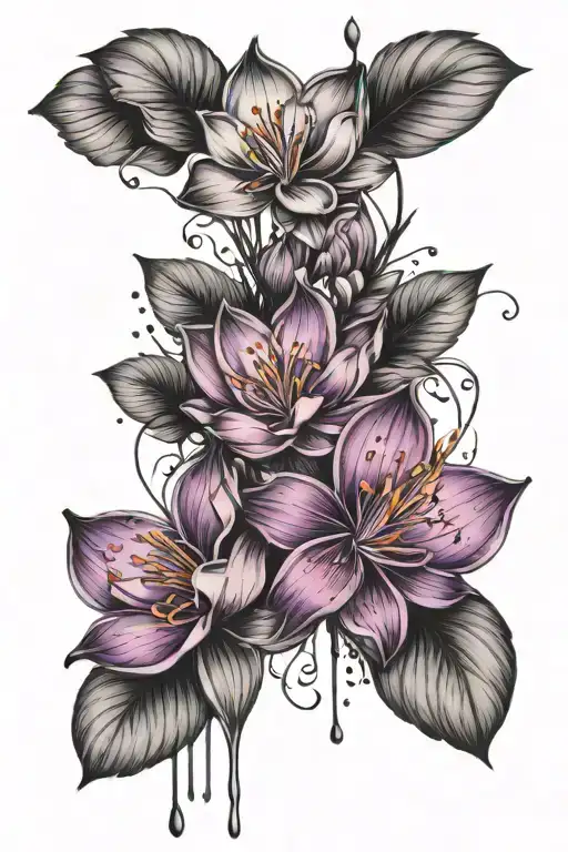 Fine Line Tatto With Waterlillys And Violet Flower Bouquet