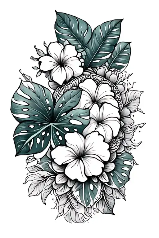 Mandala Style Tattoo With Tropical Flowers And Monstera