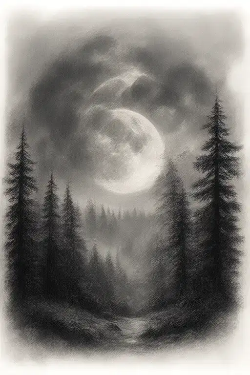 Massive Forest Landscape With Huge Moon In The Background