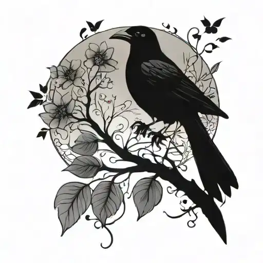 Black Crow With Flowers And Tree Of Life
