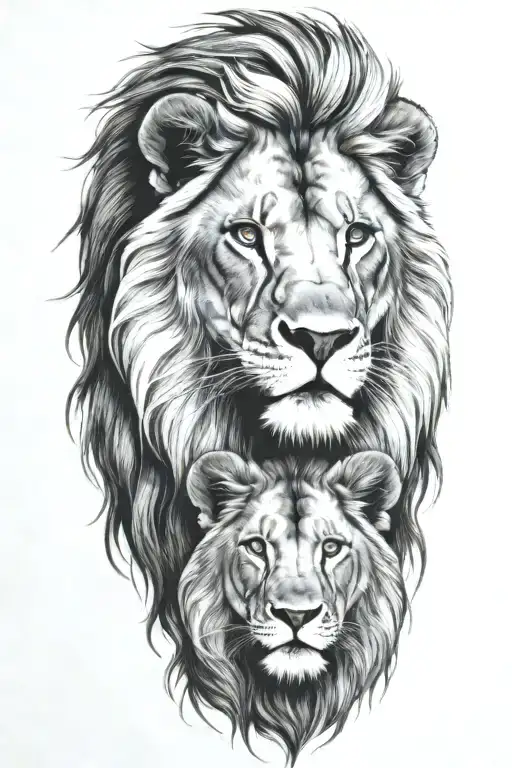 Lion With A Cub On His Head With Lioness