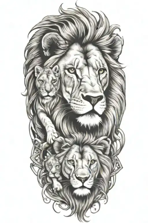 Lion With A Cub And Lioness Face Surrounded