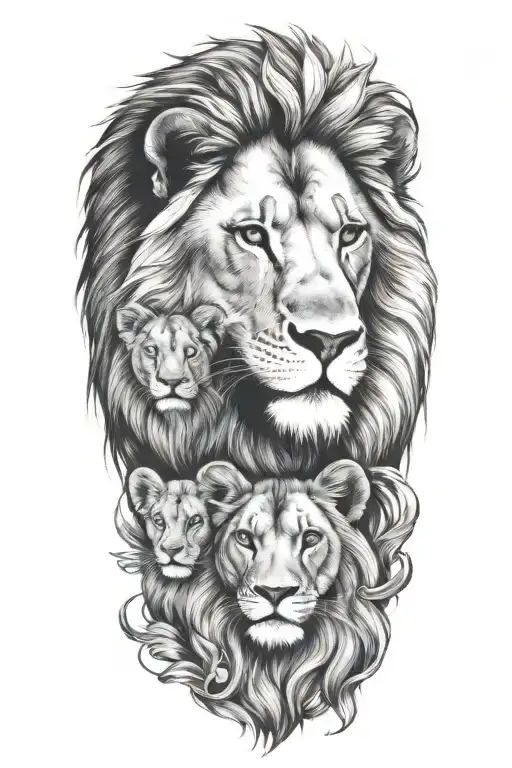 Lion With A Cub And Lioness Face Surrounded