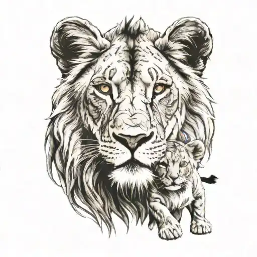 Lion And Cub With Mom