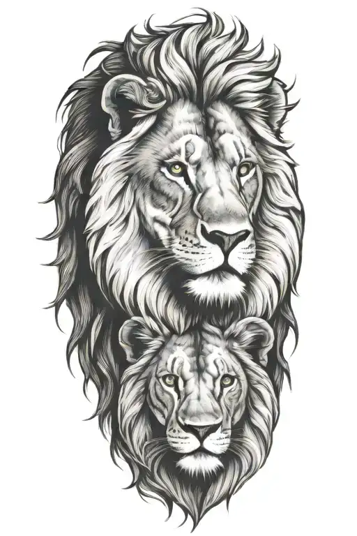 Lion With A Cub On Top Of His Head