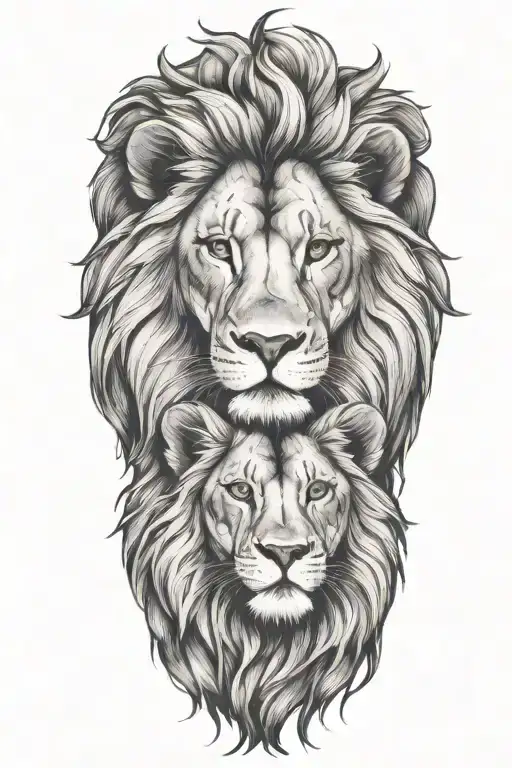 Lion With A Cub On Top Of His Head And Lioness