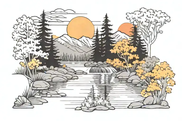 Mountain Landscape With Trees And Sunset Next To Fishing Pond