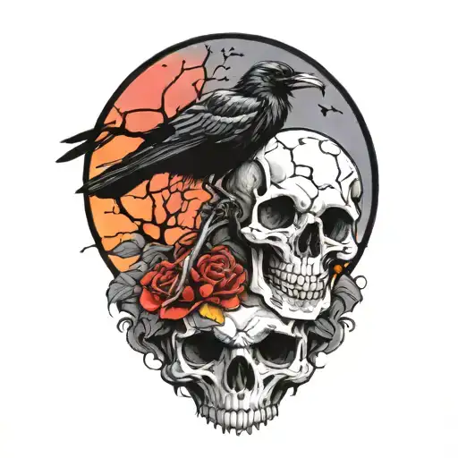 Moon And Raven Perched On A Skull