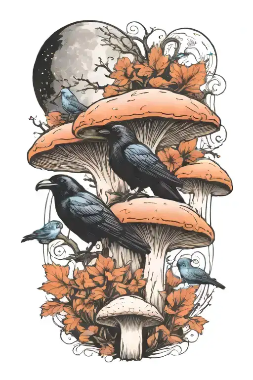 Mushroom And Ravens With Moon Surrounded
