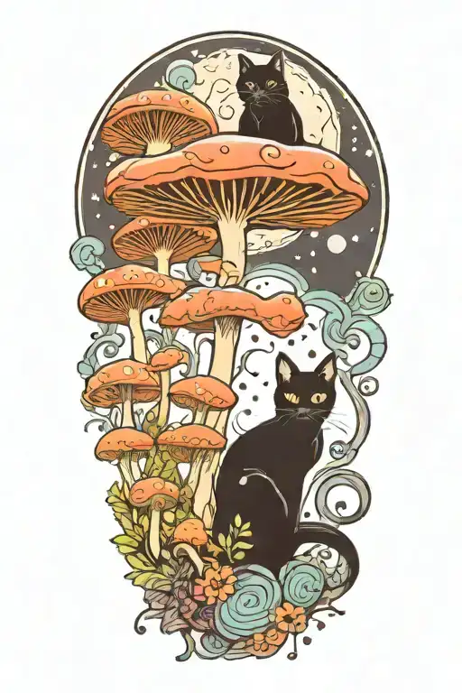 Black Cat And Trippy Colorful Mushrooms With Moon