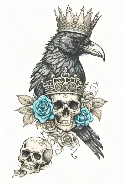 Raven Wearing Crown With Blue Rose And Skull