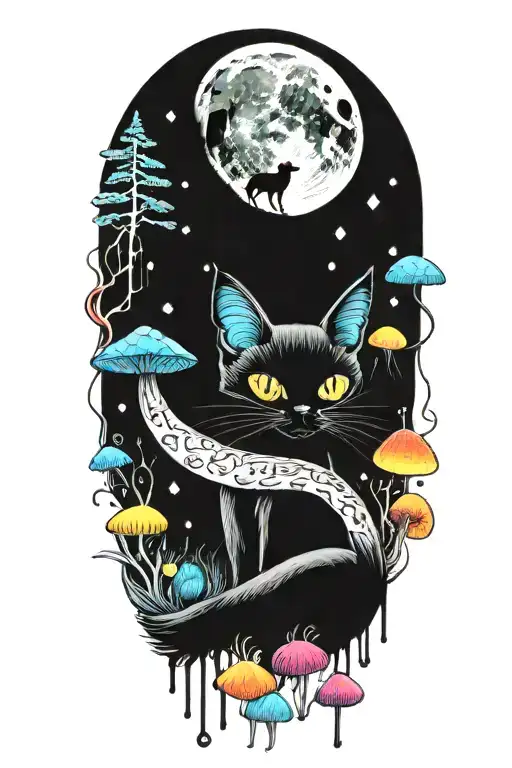Black Cat And Trippy Colorful Mushrooms With Moon Melting