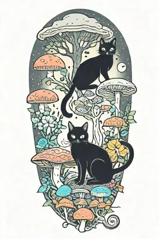 Black Cat And Trippy Colorful Mushrooms With Moon