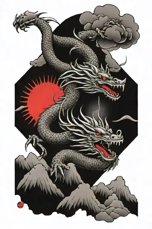 Japanese Dragon Above Mountains With Red Sun