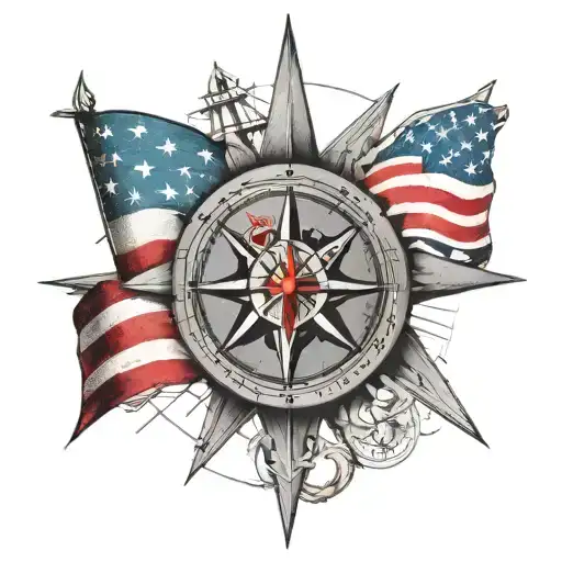 Nautical Compass With American And Arizona Flags