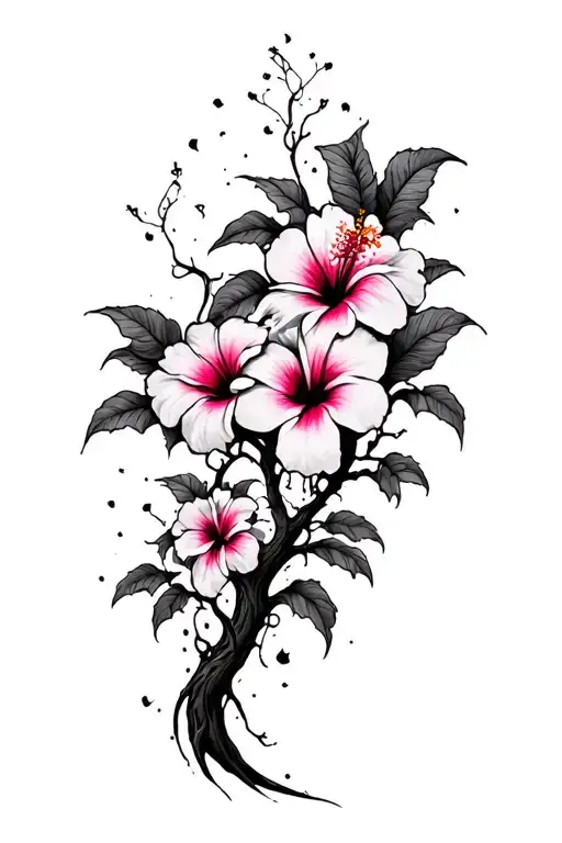 Psychedelic Tree And Hibiscus Flowers