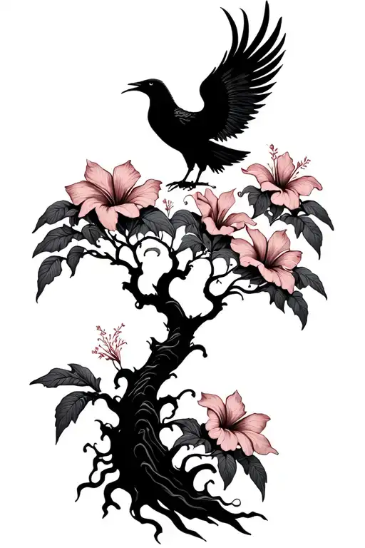 Psychedelic Hibiscus Tree And Very Small Phoenix Silhoette