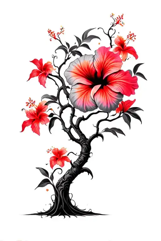 Psychedelic Hibiscus Tree With Faded Red Hibiscus Flowers