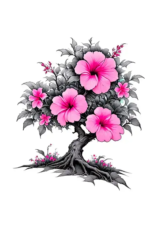 Psychedelic Hibiscus Tree With Pink Flowers
