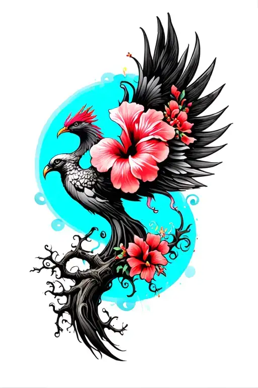 Psychedelic Hibiscus Tree And Phoenix Silhoette