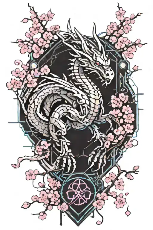 Cybernetic Dragon With Cherry Blossom Tree Surrounding It