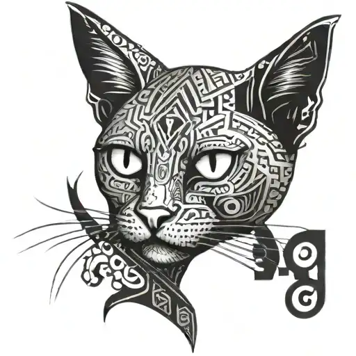 A Dotwork Tattoo Of A Cat With Glowing Occult Symbols In Its Eyes