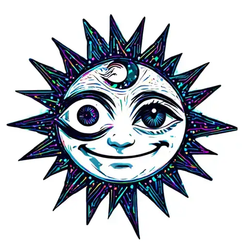 Smiling Face Made With The Sun As An Eye And A Crescent Moon As A Winking Eye