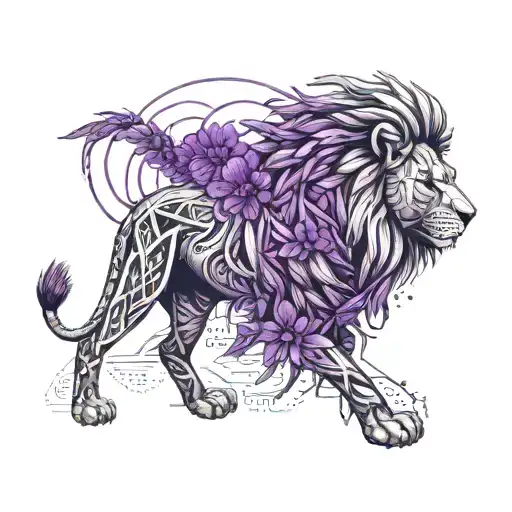 Lion With Purple Rosemary Flowers In Mane Walking Trough A Desert In A Storm With Purple Ligtning