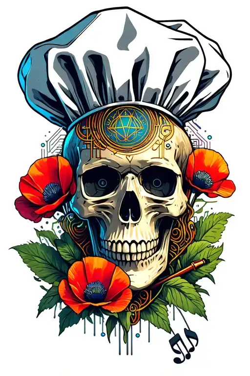 A Skull Wearing A Chef's Hat Surrounded By Opium Poppies And Musical Instruments