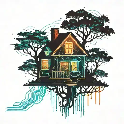 Tree Of Life Rain Falling Small House