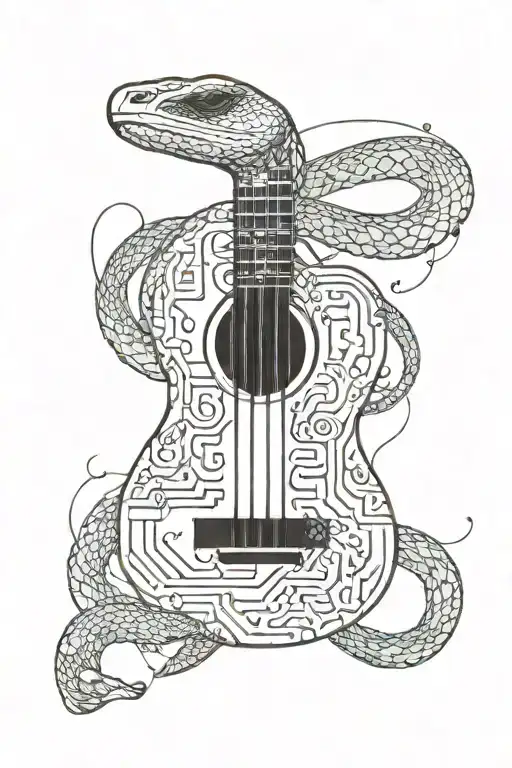 Create A Tattoo Of A Python Snake Wrapped Around A Guitar With Musical Notes Floating Around
