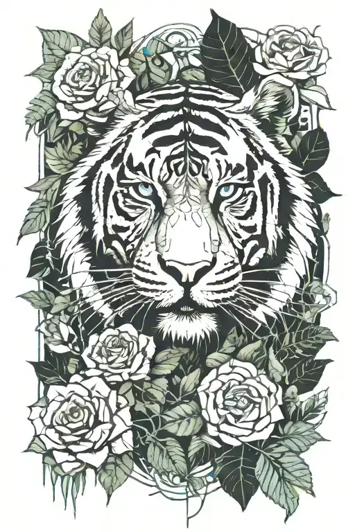 Tiger Face Surrounded By Jungle Plants And Roses